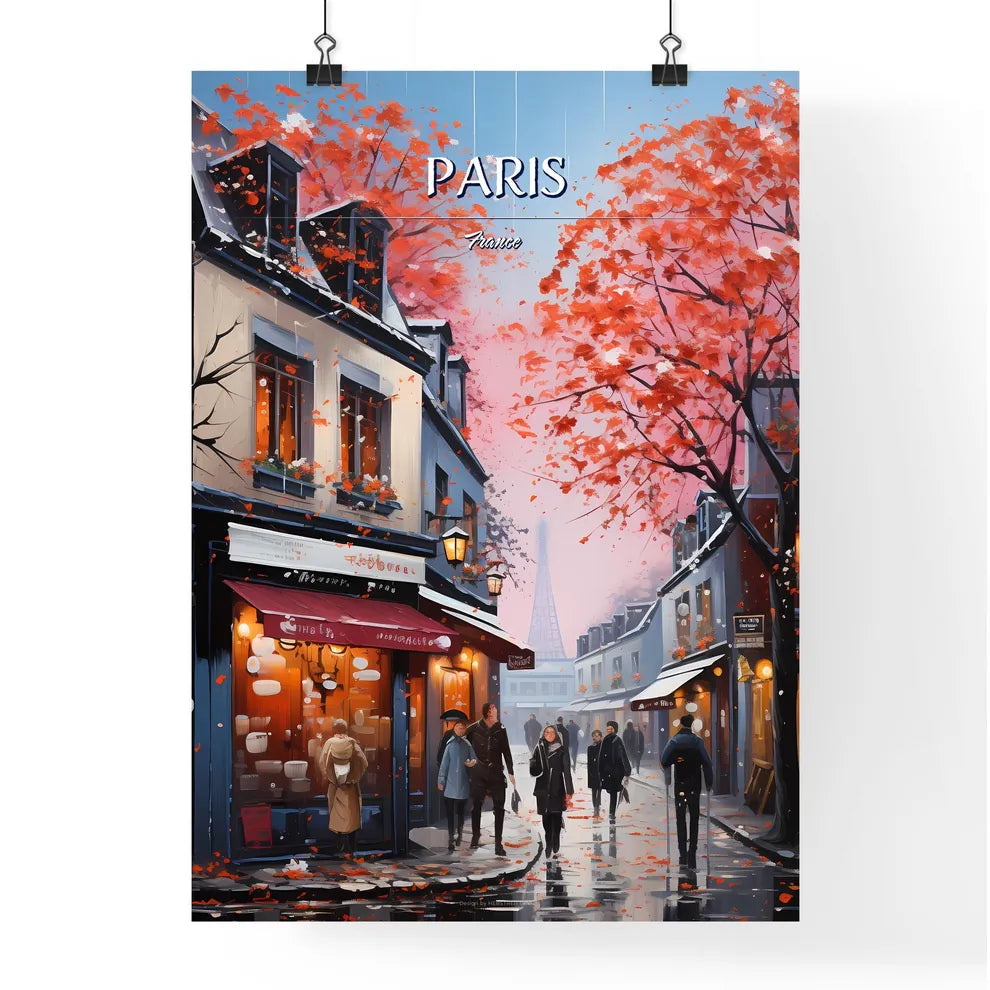 Paris, France - Art print of a group of people walking on a street with buildings and trees Poster