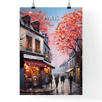 Paris, France - Art print of a group of people walking on a street with buildings and trees