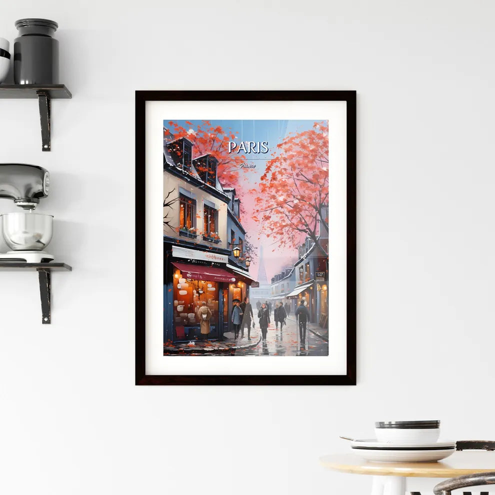Paris, France - Art print of a group of people walking on a street with buildings and trees Custom Print