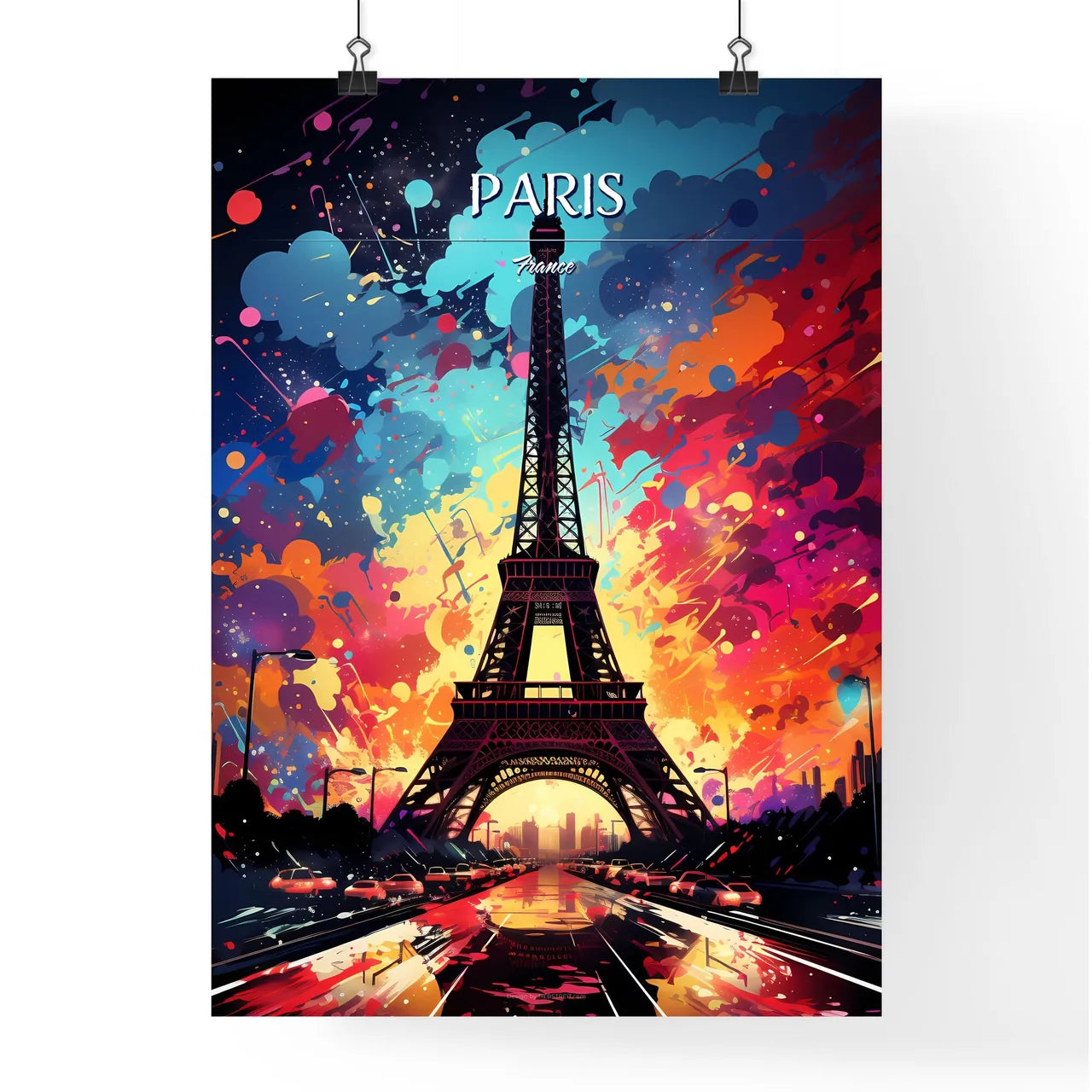 Paris, France - Art print of a eiffel tower with colorful explosion with Eiffel Tower in the background Poster