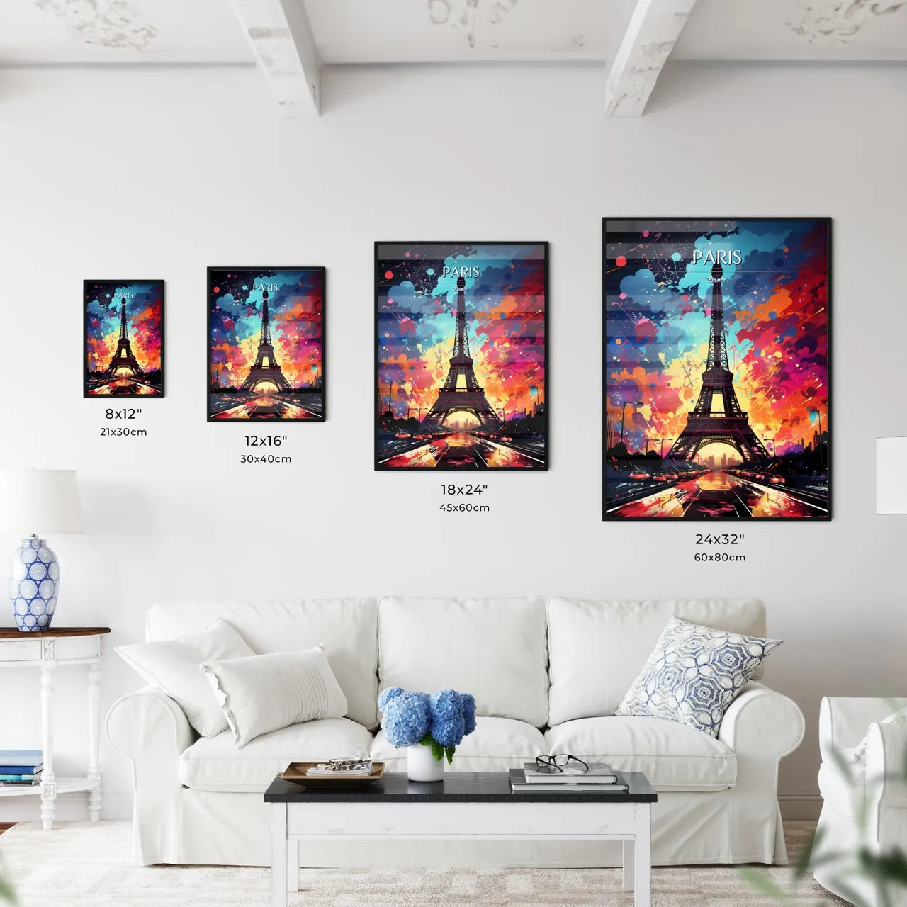Paris, France - Art print of a eiffel tower with colorful explosion with Eiffel Tower in the background Size Chart