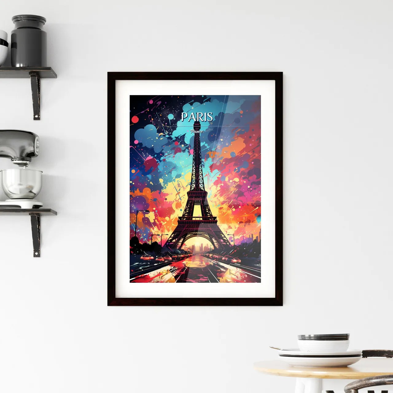 Paris, France - Art print of a eiffel tower with colorful explosion with Eiffel Tower in the background Custom Print