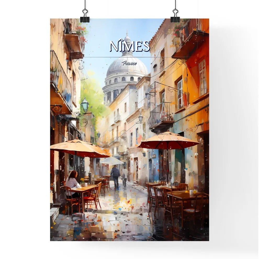 Nîmes, France - Art print of a street with tables and umbrellas in a city Poster