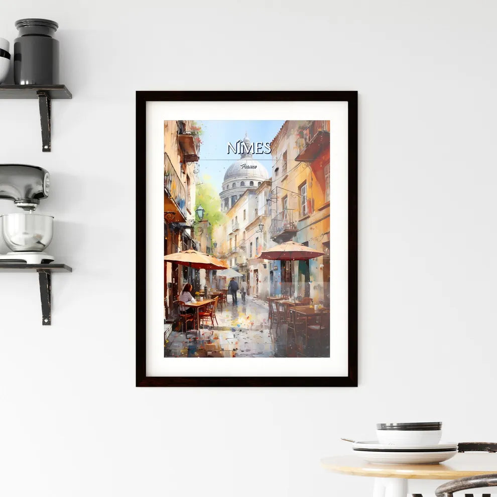 Nîmes, France - Art print of a street with tables and umbrellas in a city Custom Print