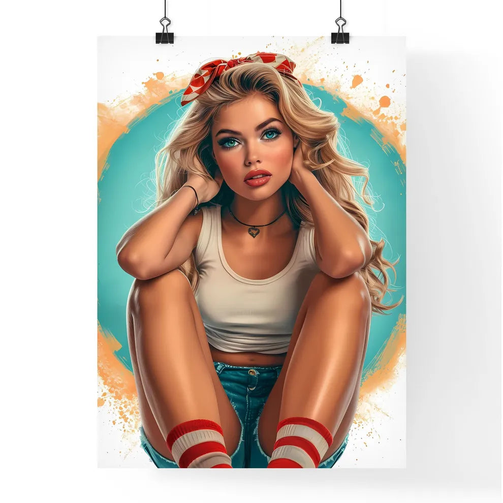 Surprised woman with beautiful legs taking p Poster