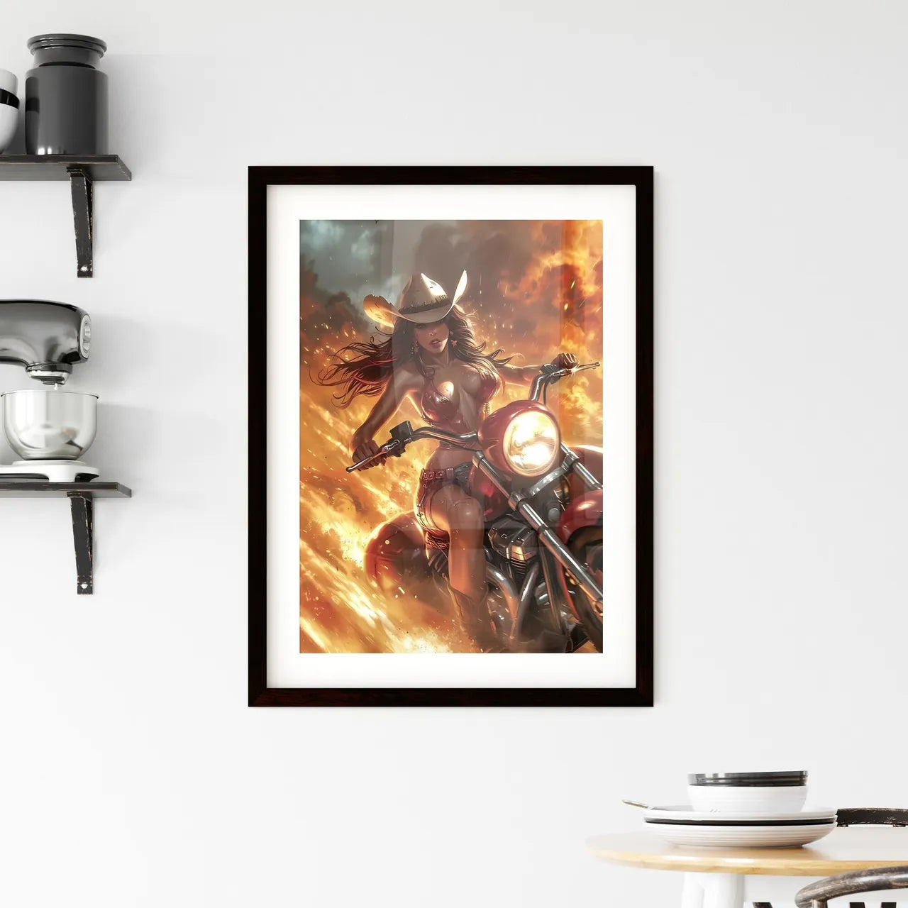 Cowgirl riding a rocket - Art print of a wom Framed Print