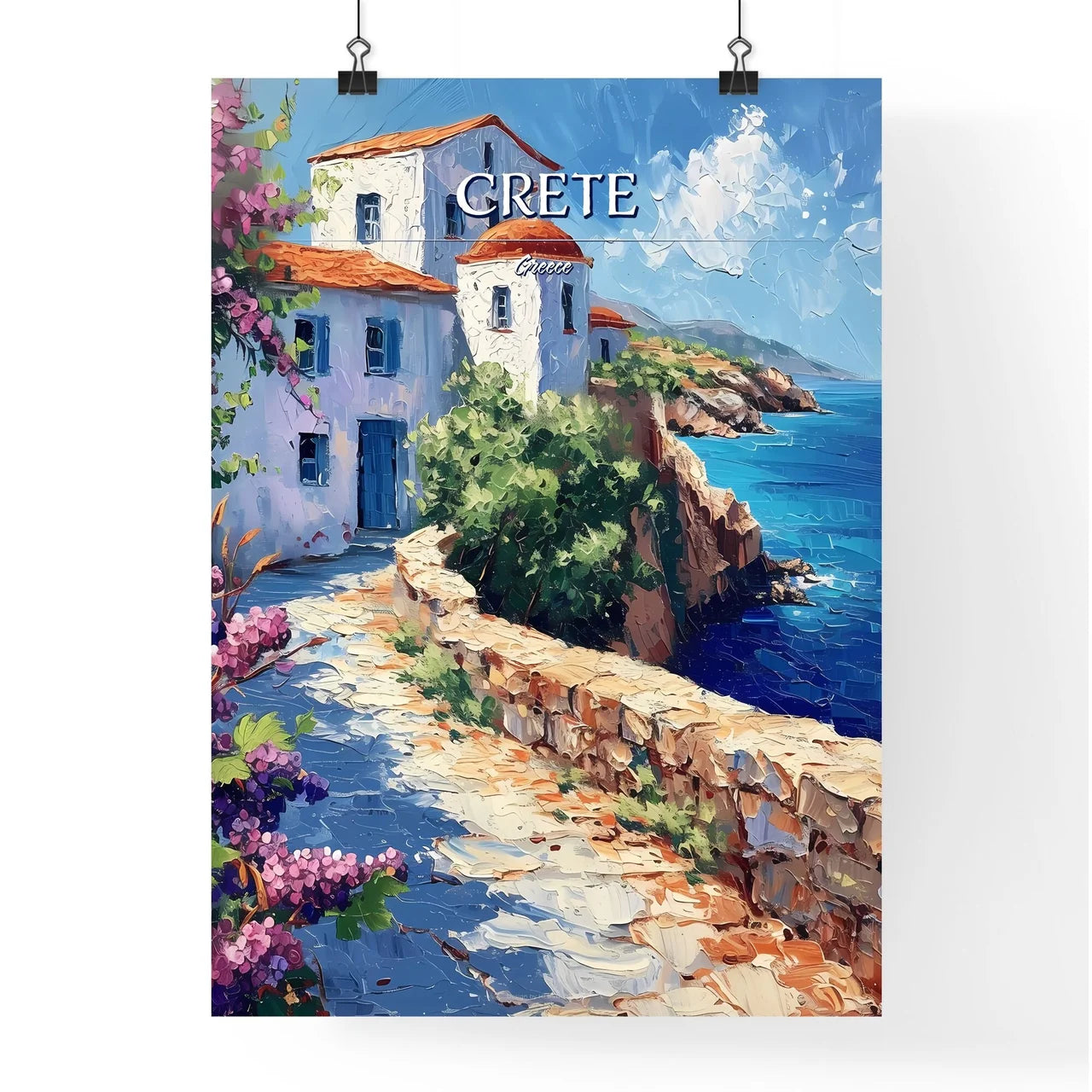 Crete, Greece - Art print of a painting of a building on a cliff by the ocean Poster