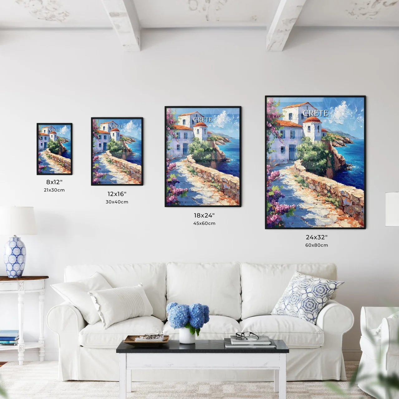 Crete, Greece - Art print of a painting of a building on a cliff by the ocean Size Chart