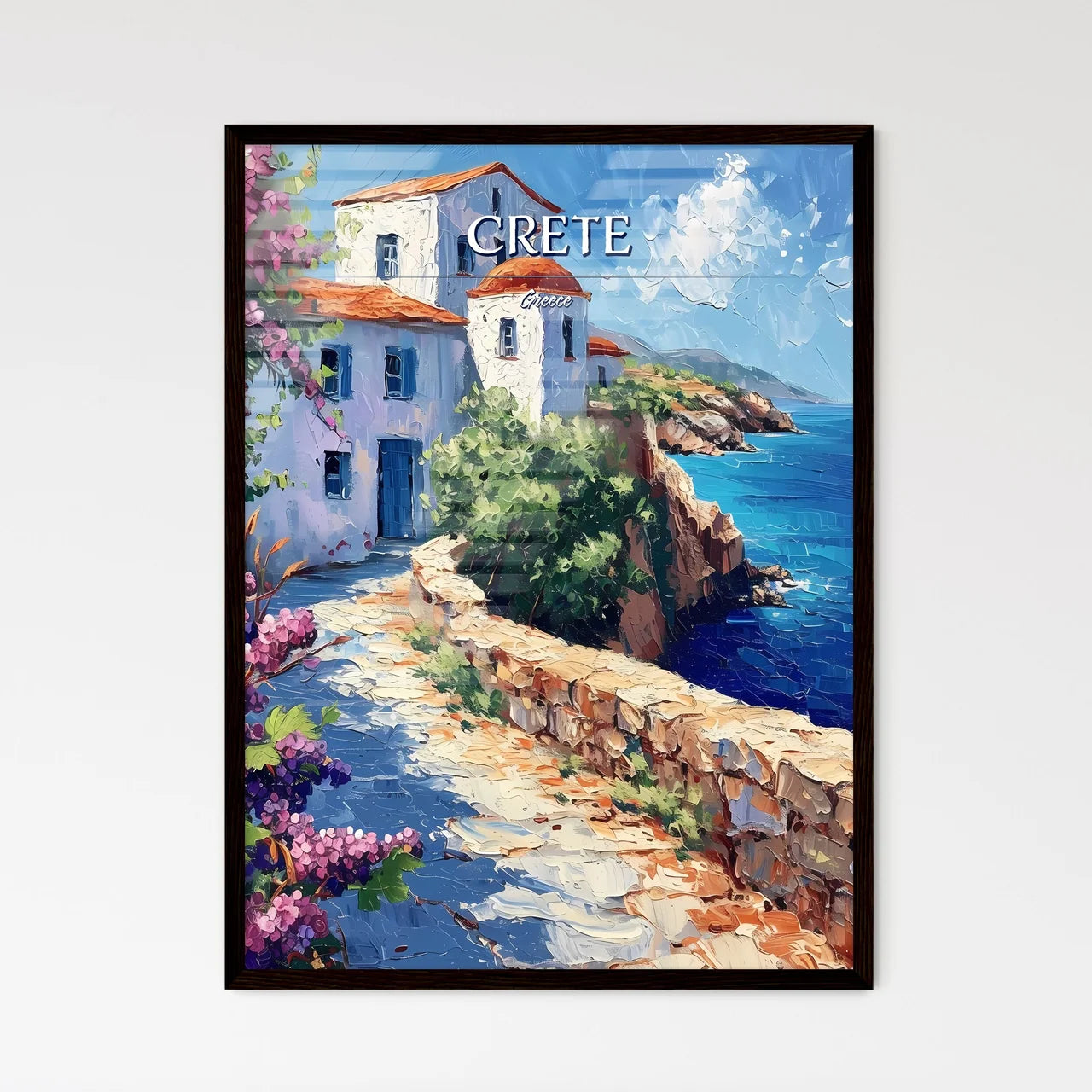 Crete, Greece - Art print of a painting of a building on a cliff by the ocean Framed Art