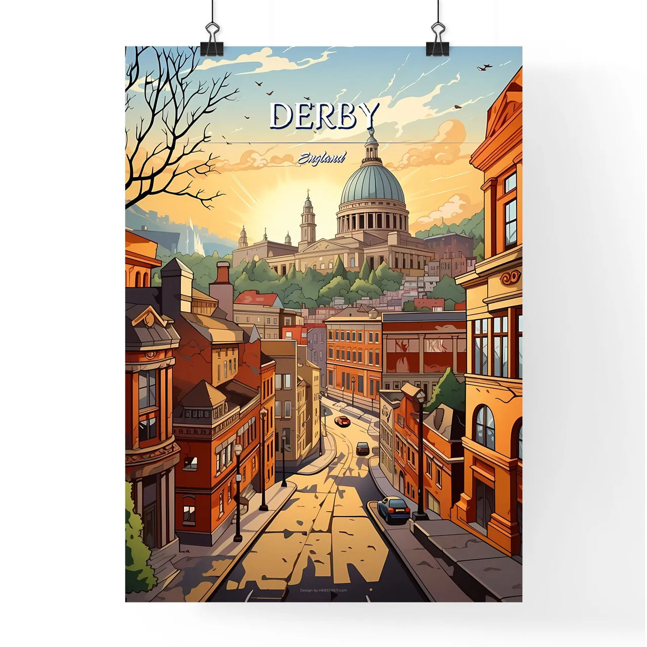 Derby, England - Art print of a city street with a dome and buildings Poster