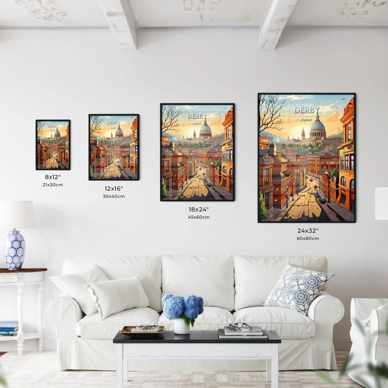Derby, England - Art print of a city street with a dome and buildings Size Chart