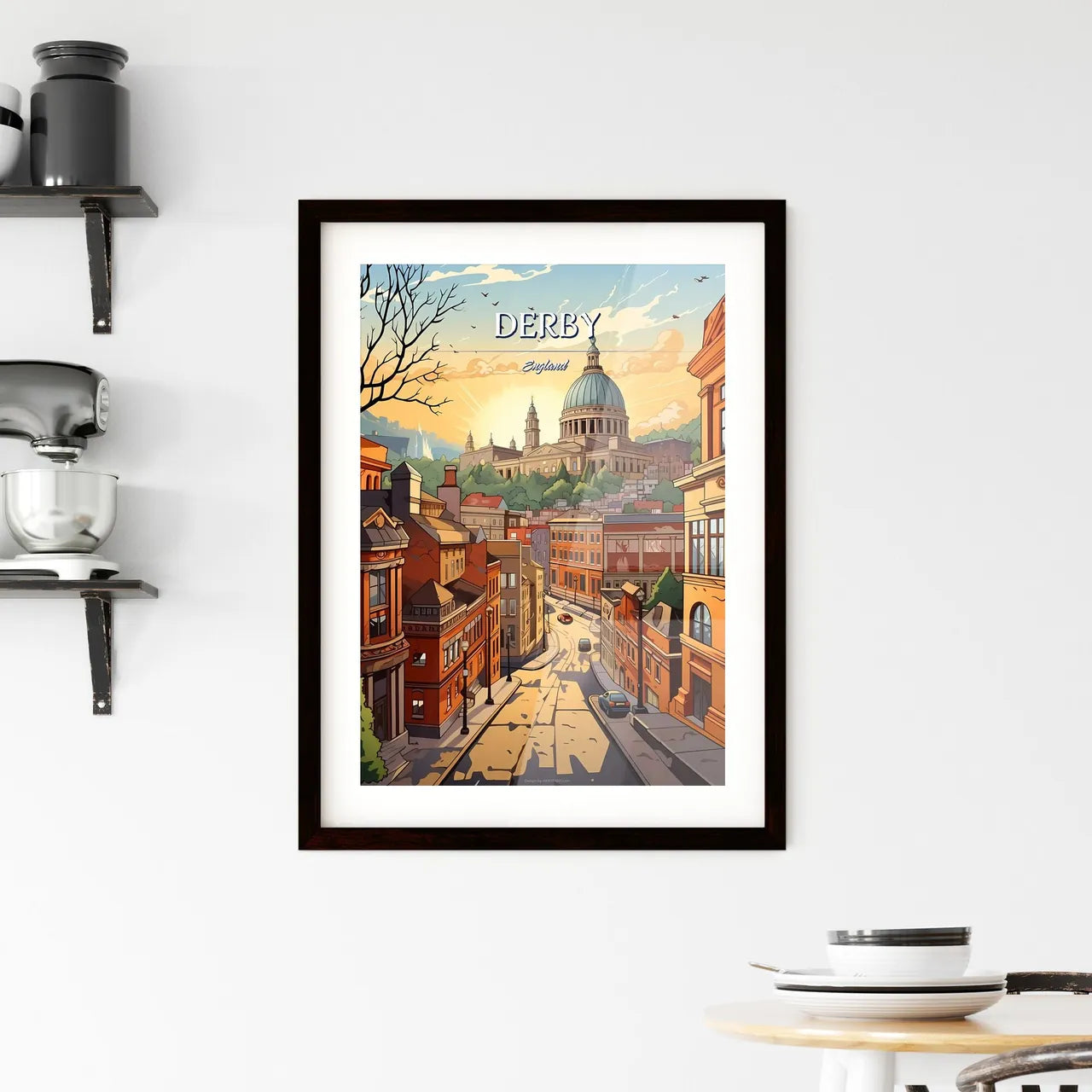 Derby, England - Art print of a city street with a dome and buildings Custom Print
