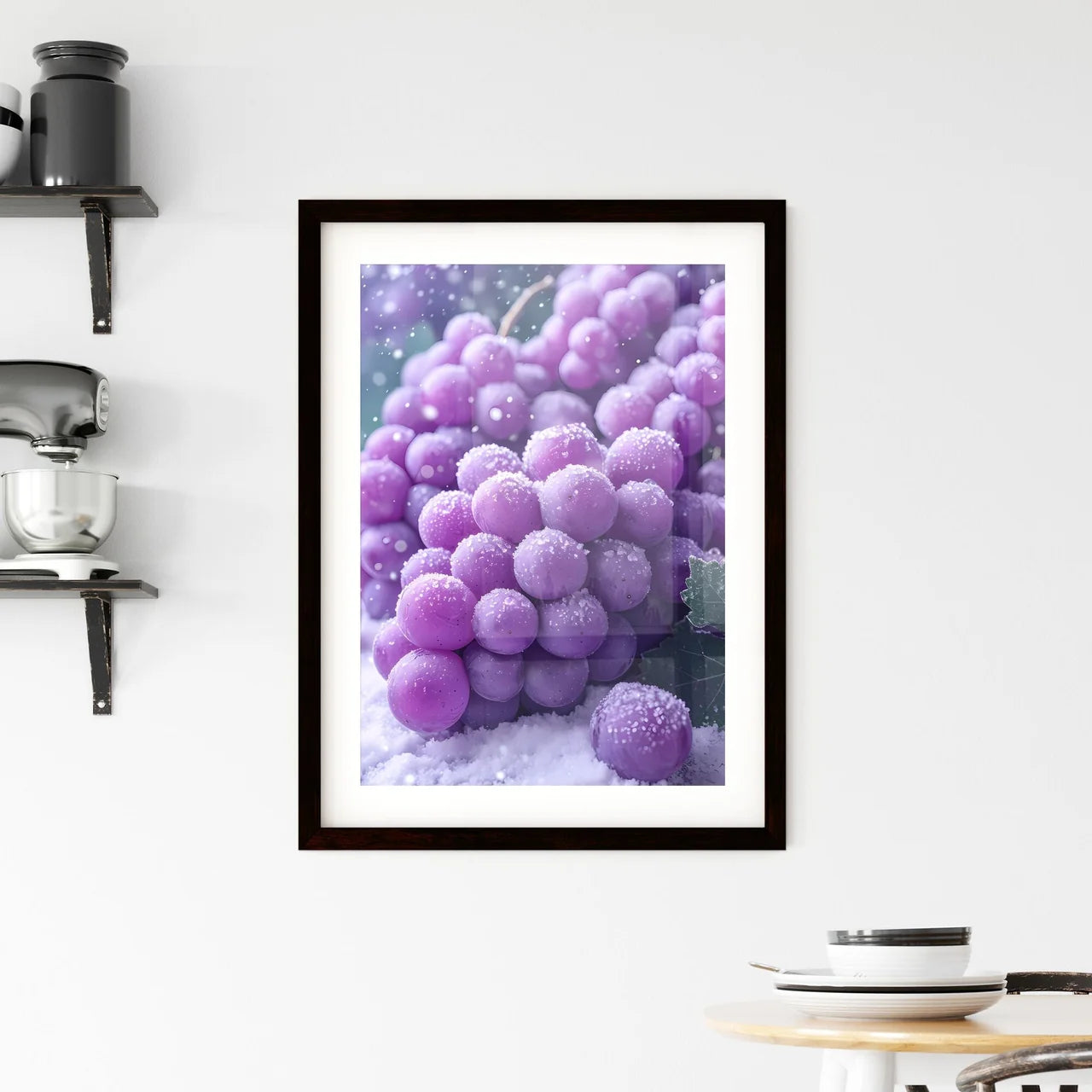 A bunch of purple grapes covered in snow - A Framed Print