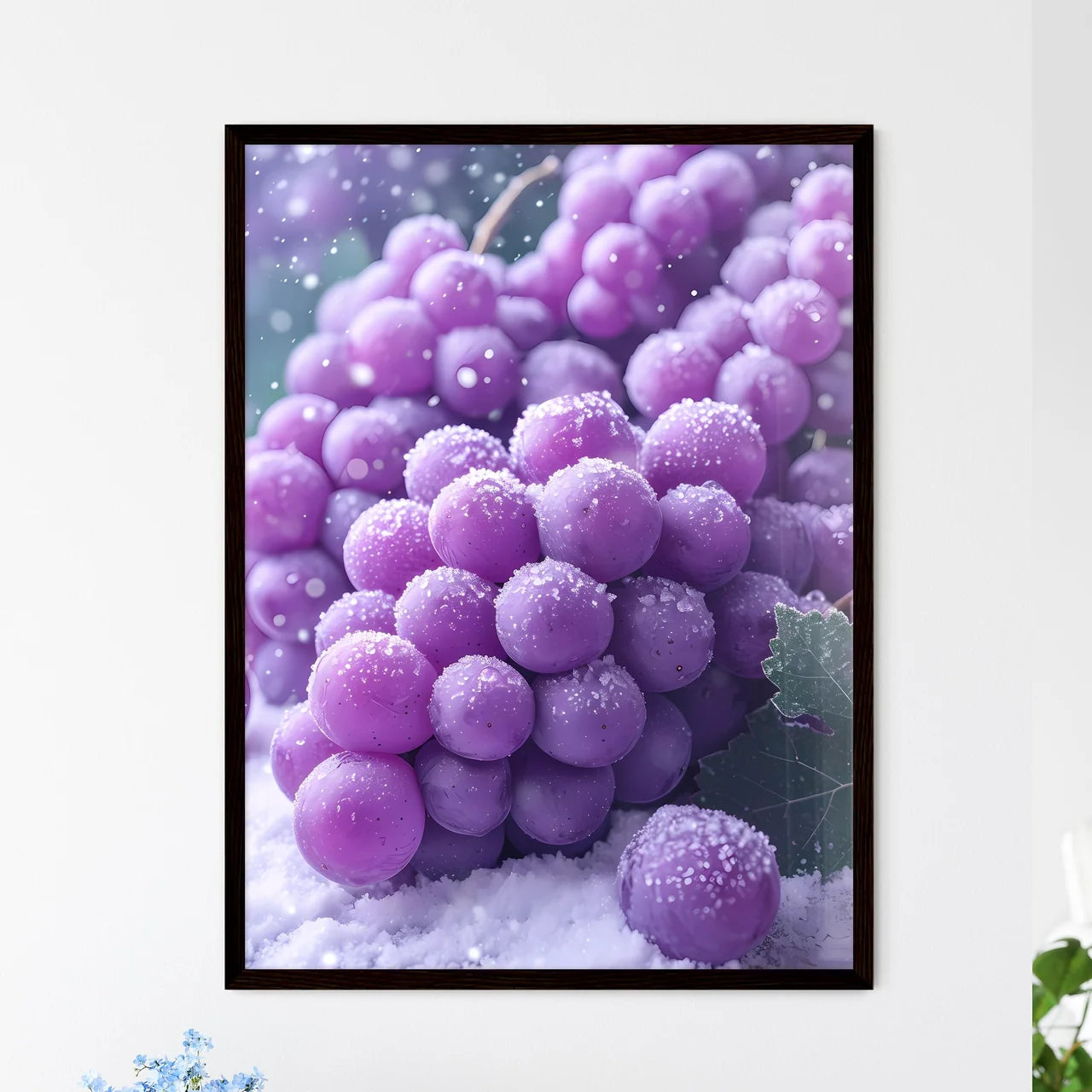 A bunch of purple grapes covered in snow - A - Framed Art Print