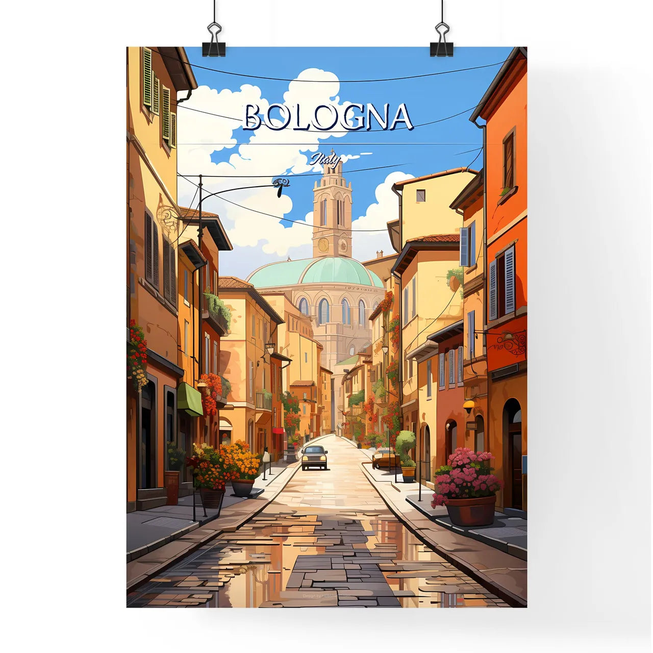 Bologna, Italy - Art print of a street with buildings and a car Poster