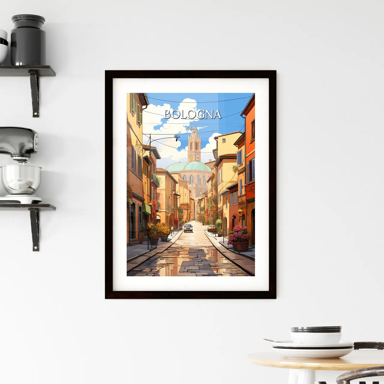 Bologna, Italy - Art print of a street with buildings and a car Custom Print