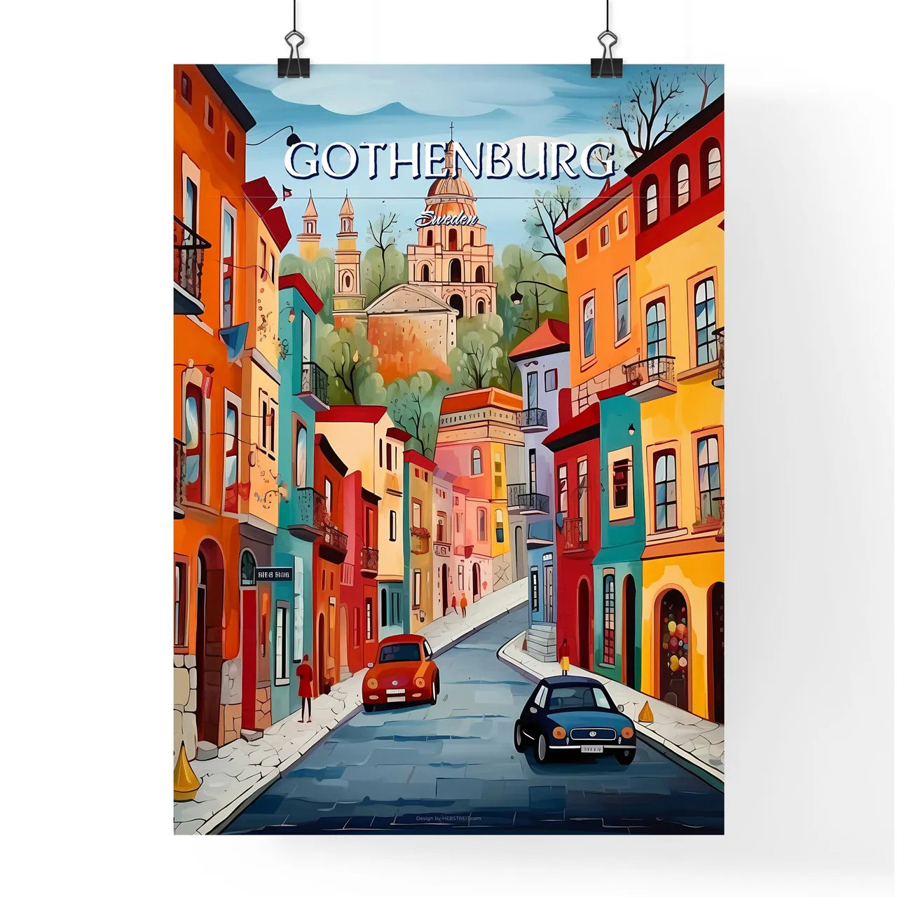 Gothenburg, Sweden, - Art print of a painting of a street with buildings and cars Poster