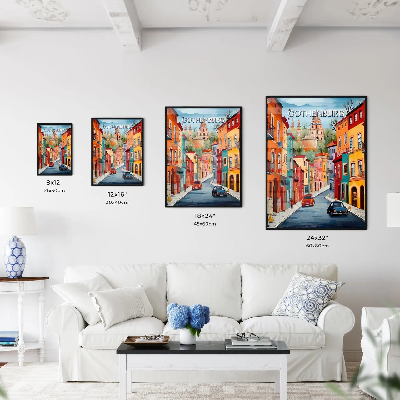 Gothenburg, Sweden, - Art print of a painting of a street with buildings and cars Size Chart