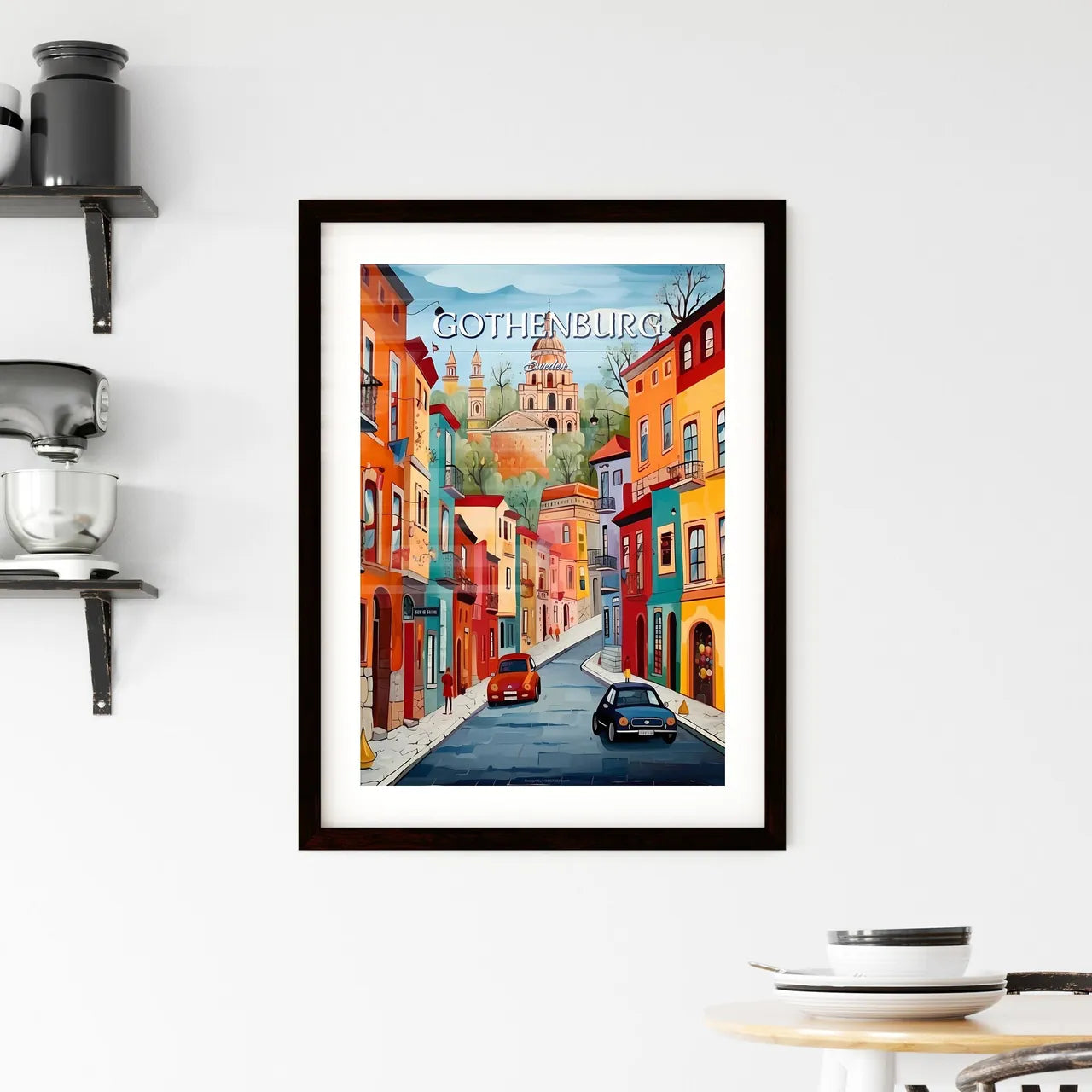 Gothenburg, Sweden, - Art print of a painting of a street with buildings and cars Custom Print