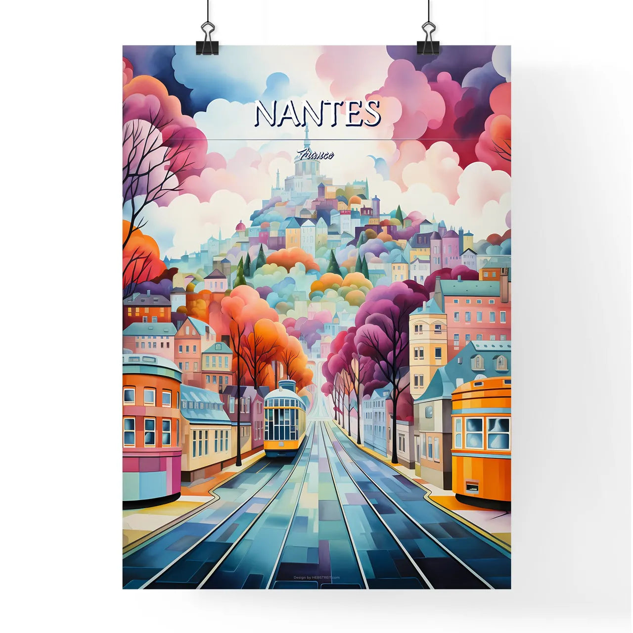 Nantes, France - Art print of a painting of a city street with trolleys and trees Poster