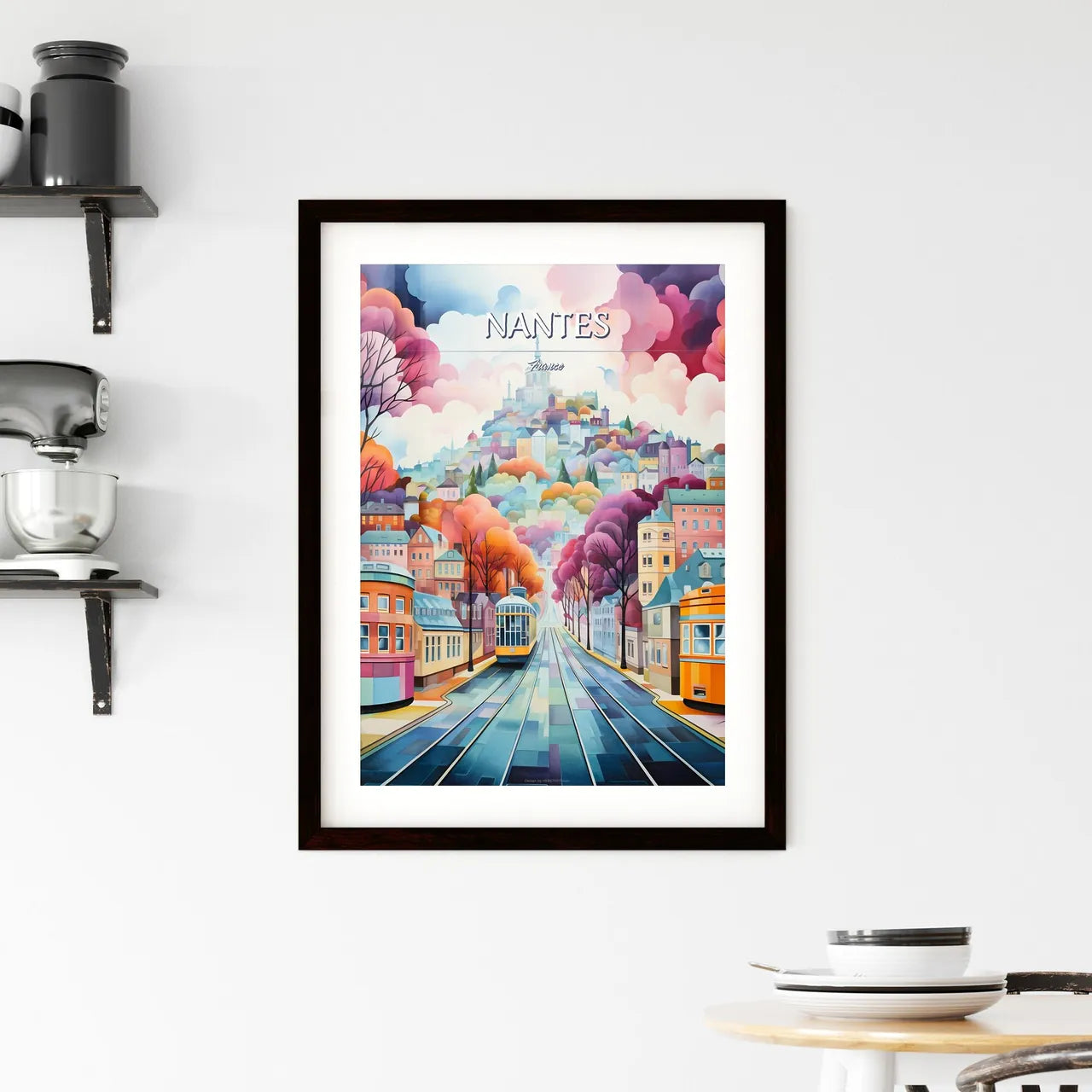 Nantes, France - Art print of a painting of a city street with trolleys and trees Custom Print