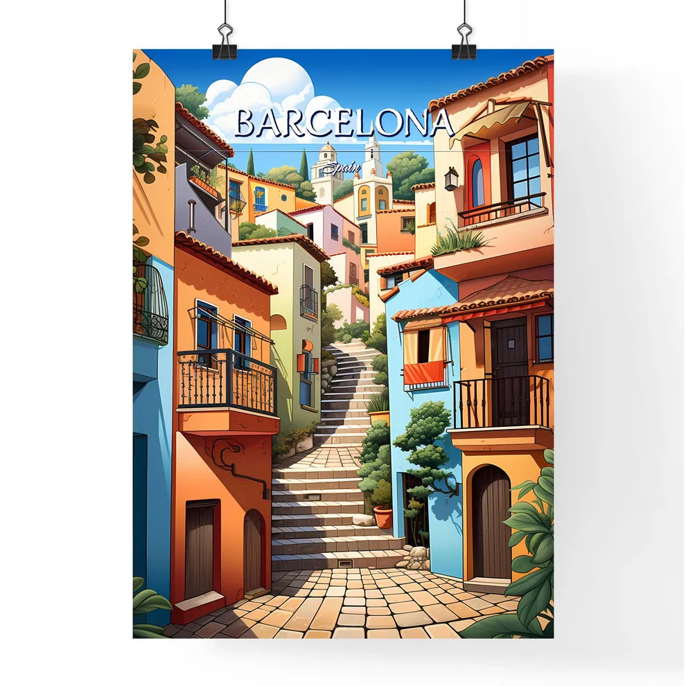Barcelona, Spain - Art print of a colorful buildings with stairs Poster