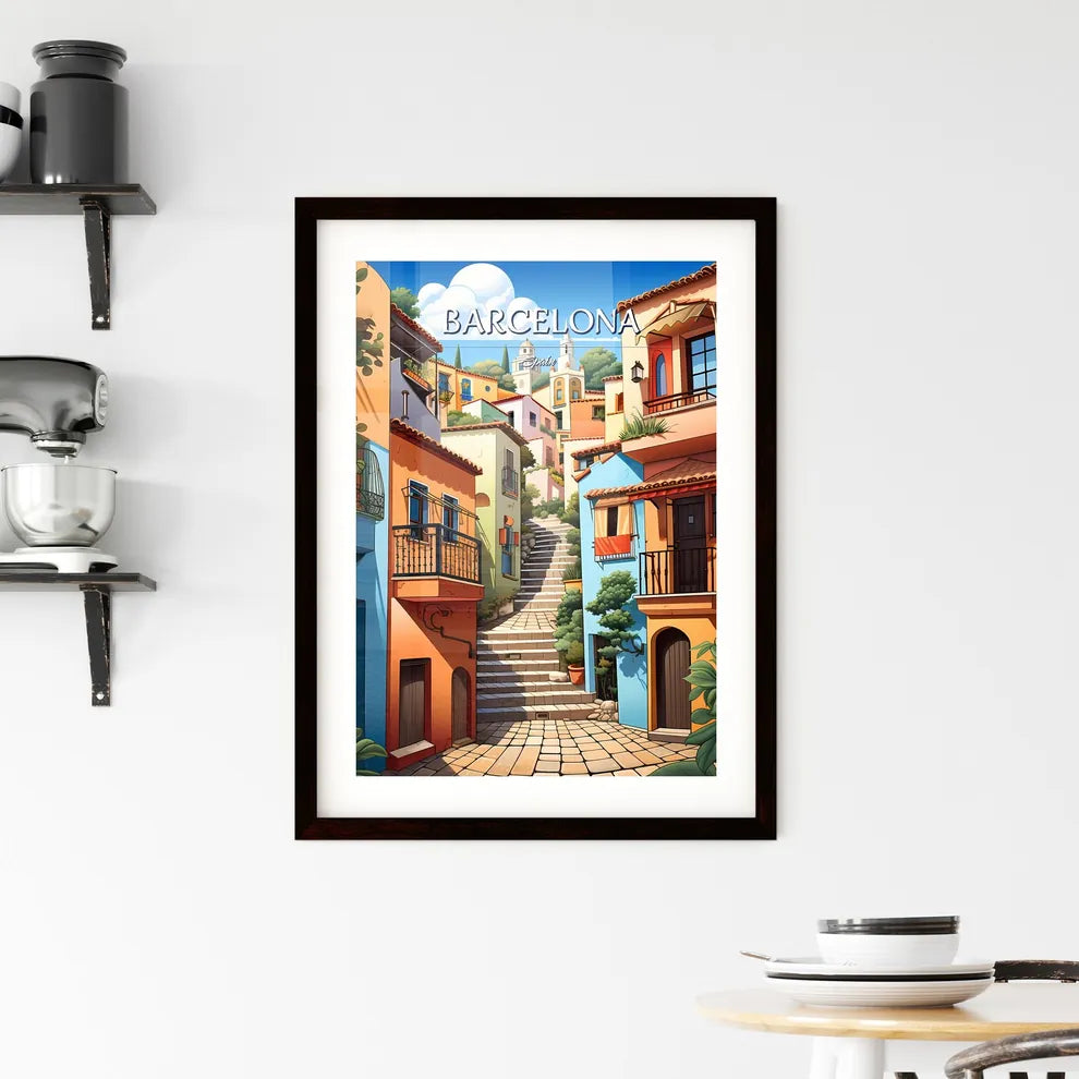 Barcelona, Spain - Art print of a colorful buildings with stairs Custom Print
