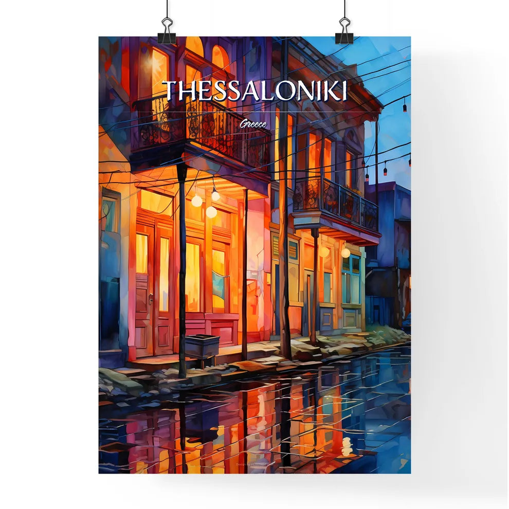 Thessaloniki, Greece - Art print of a watercolor of a street with buildings and a reflection of a car Poster