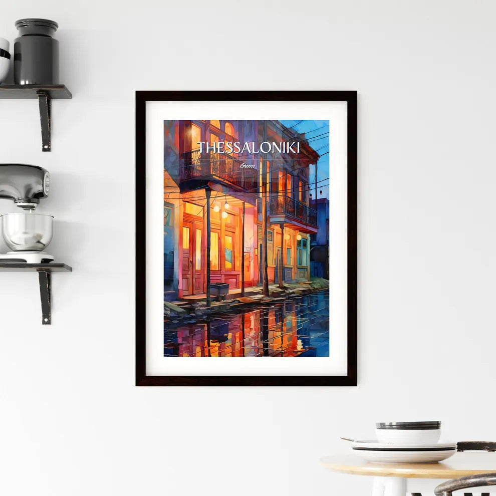Thessaloniki, Greece - Art print of a watercolor of a street with buildings and a reflection of a car Custom Print