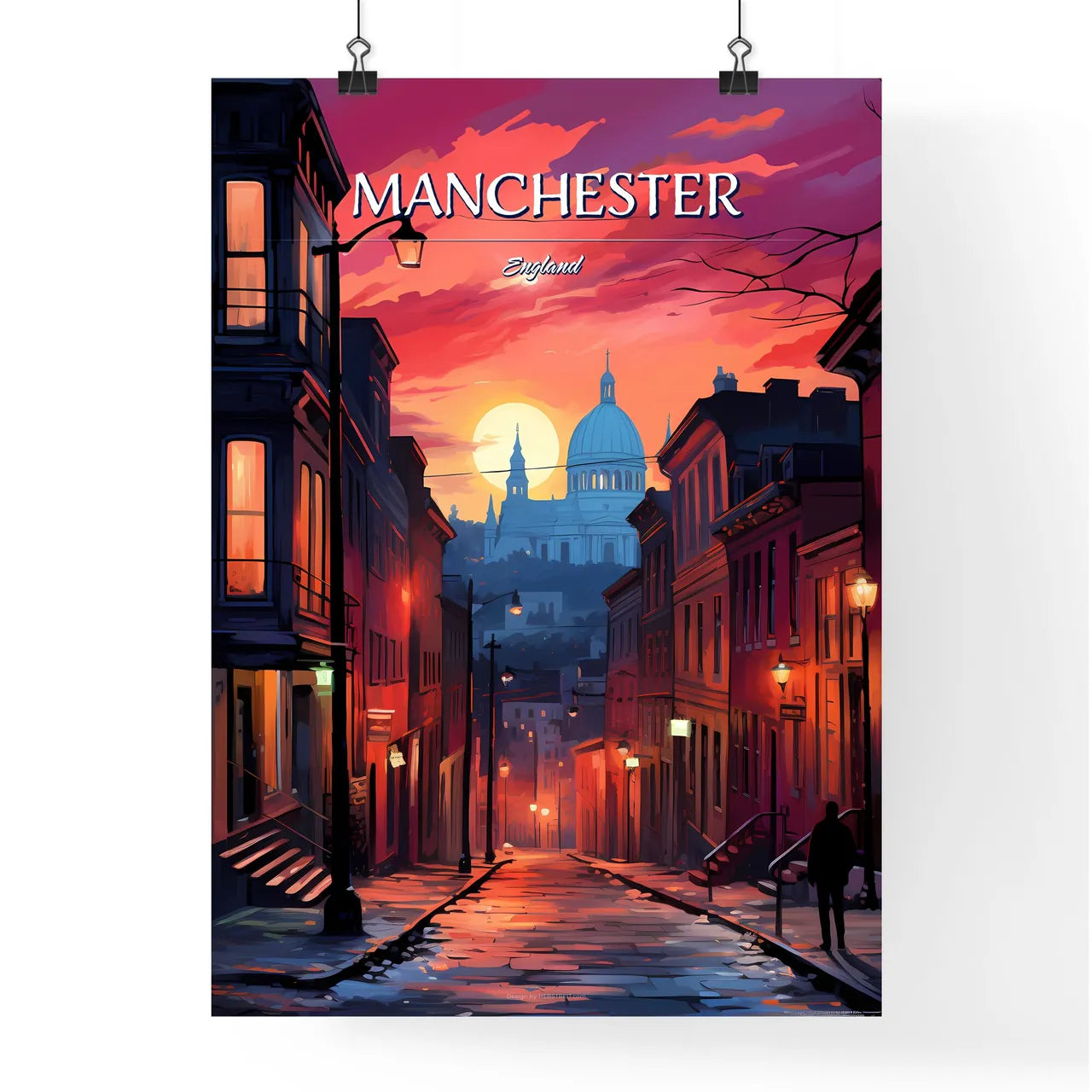 Manchester, England - Art print of a street with buildings and a building in the background Poster