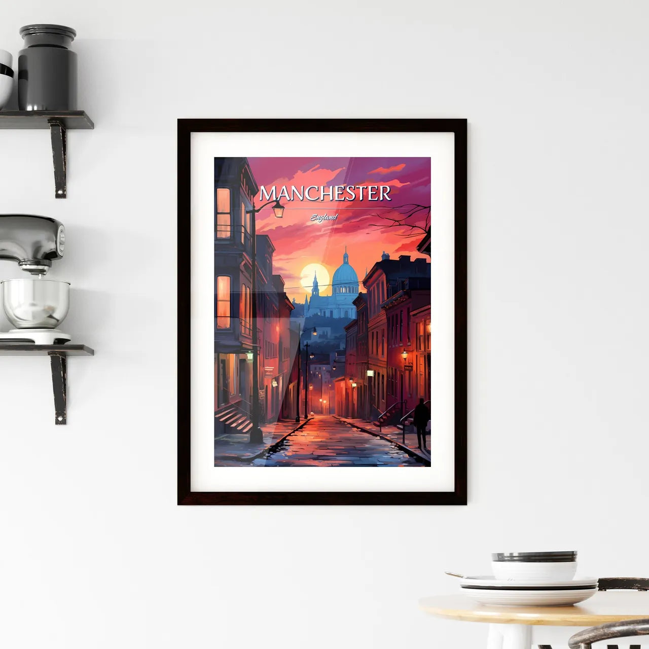 Manchester, England - Art print of a street with buildings and a building in the background Custom Print