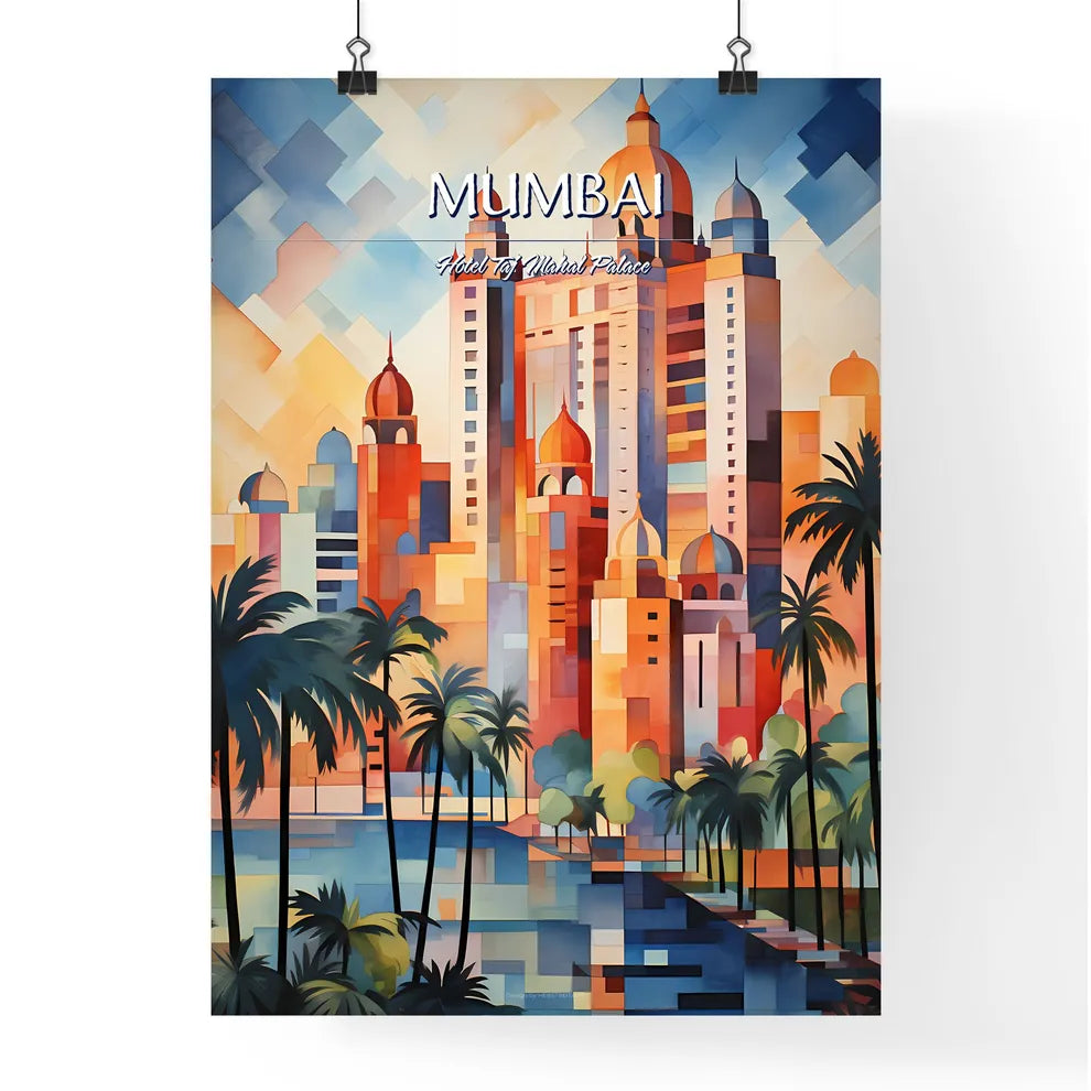 Mumbai, Hotel Taj Mahal Palace - Art print of a painting of a city with palm trees Poster