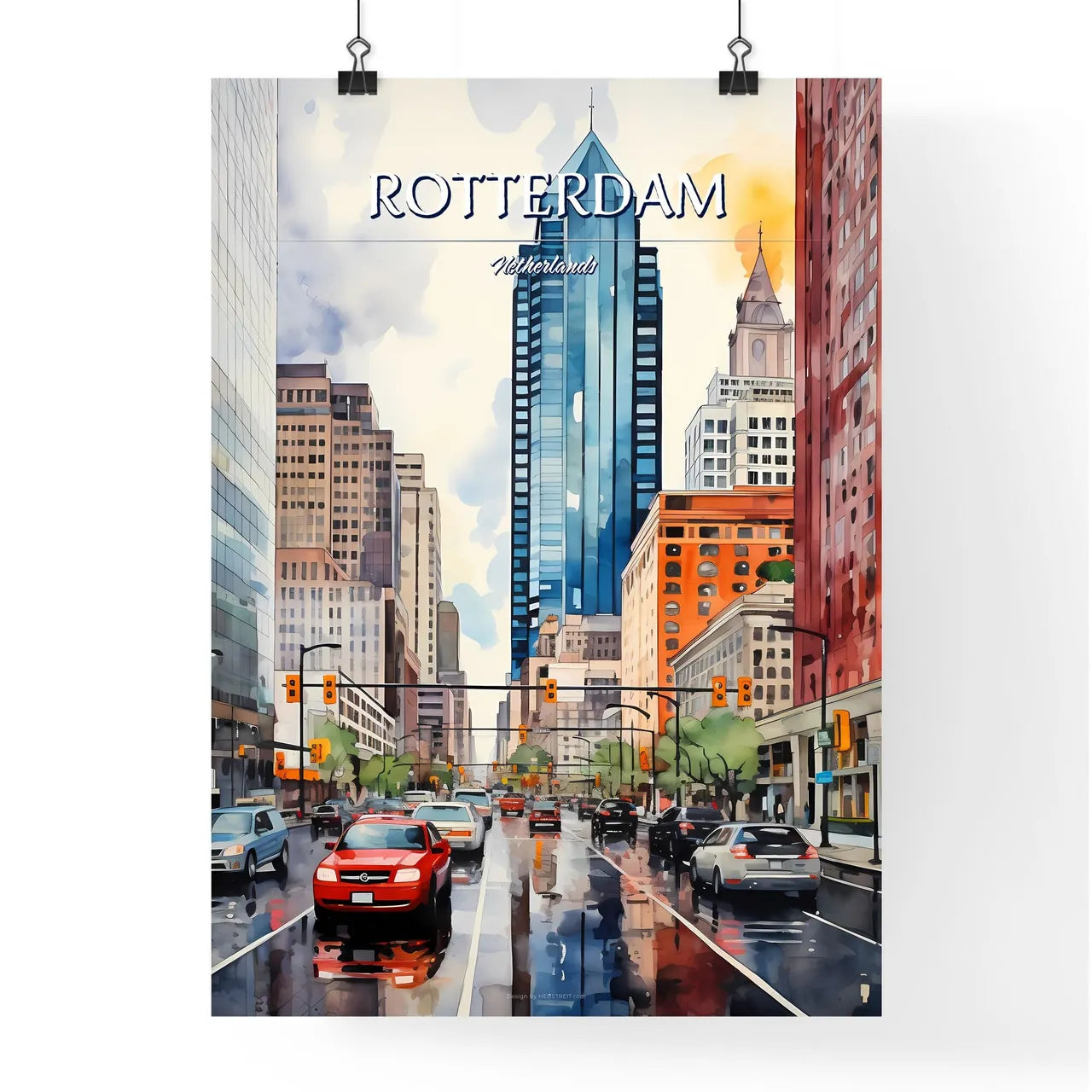 Rotterdam, Netherlands - Art print of watercolor of a city street with cars and buildings Poster