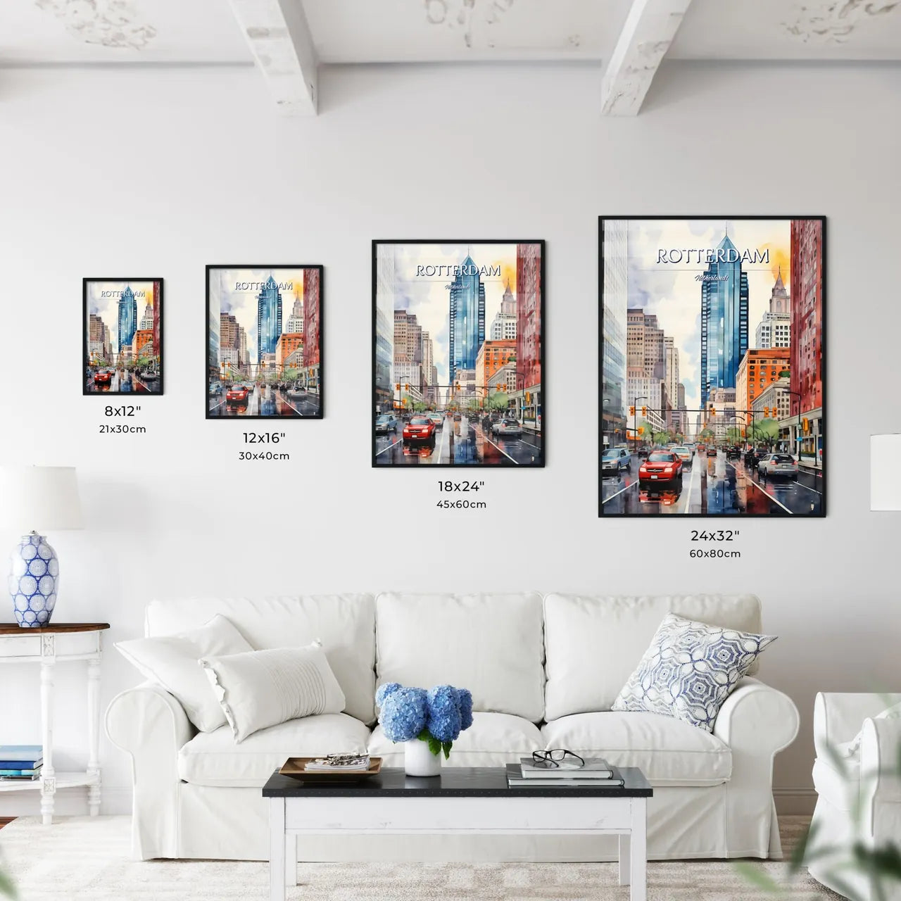 Rotterdam, Netherlands - Art print of watercolor of a city street with cars and buildings Size Chart
