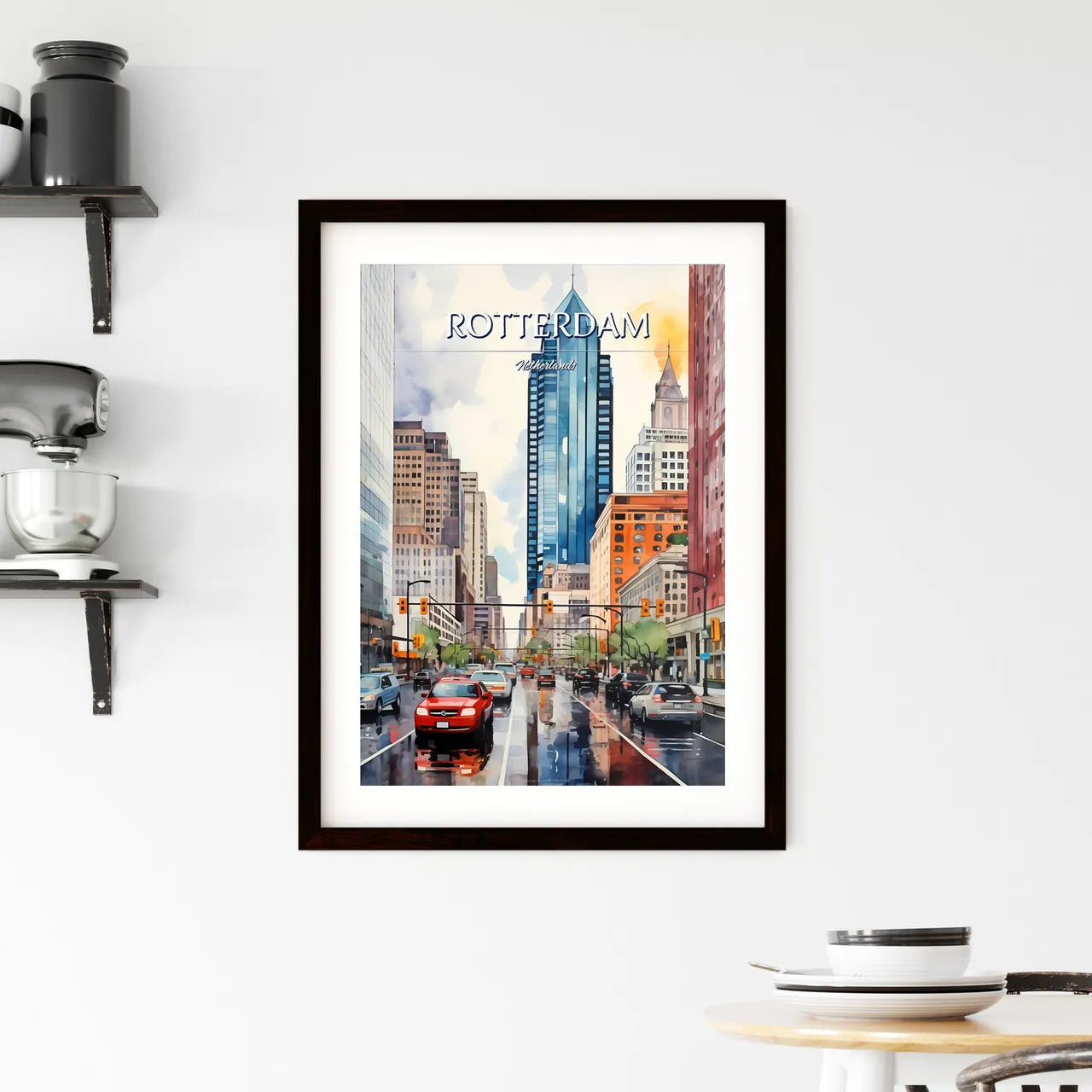 Rotterdam, Netherlands - Art print of watercolor of a city street with cars and buildings Custom Print