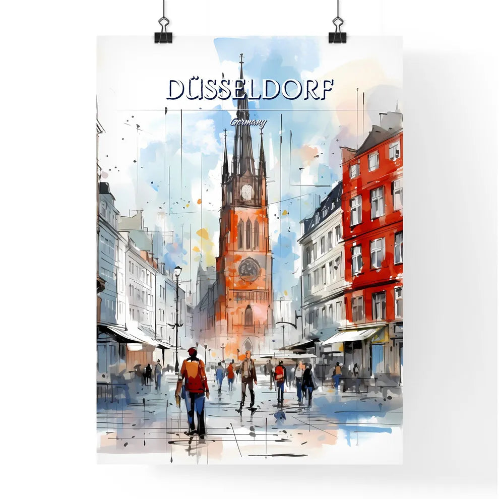 Düsseldorf, Germany - Art print of a watercolor of a street with a clock tower and people walking Poster