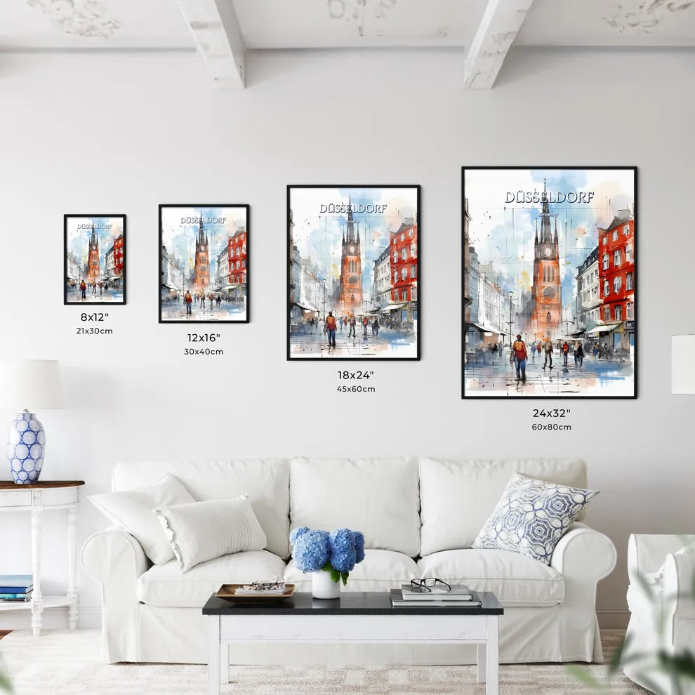 Düsseldorf, Germany - Art print of a watercolor of a street with a clock tower and people walking Size Chart