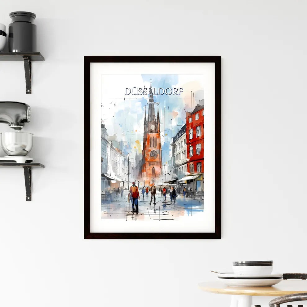 Düsseldorf, Germany - Art print of a watercolor of a street with a clock tower and people walking Custom Print