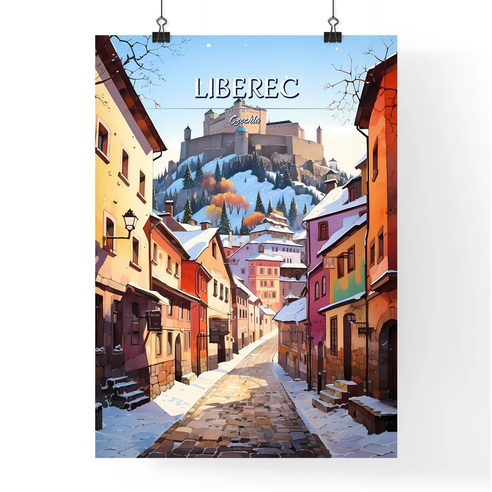 Liberec, Czechia - Art print of a street with buildings and a castle in the background Poster