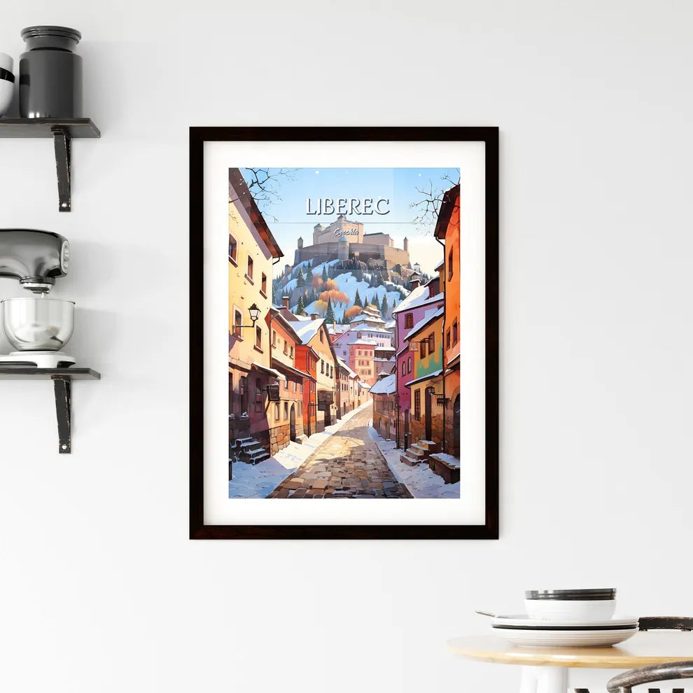 Liberec, Czechia - Art print of a street with buildings and a castle in the background Custom Print