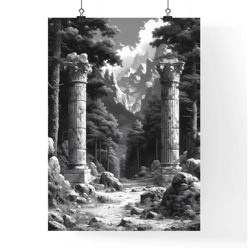 A French Chateau winery - Art print of a stone pillars in a forest Poster