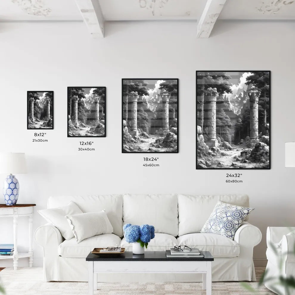 A French Chateau winery - Art print of a stone pillars in a forest Size Chart