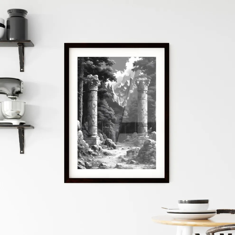 A French Chateau winery - Art print of a stone pillars in a forest Custom Print