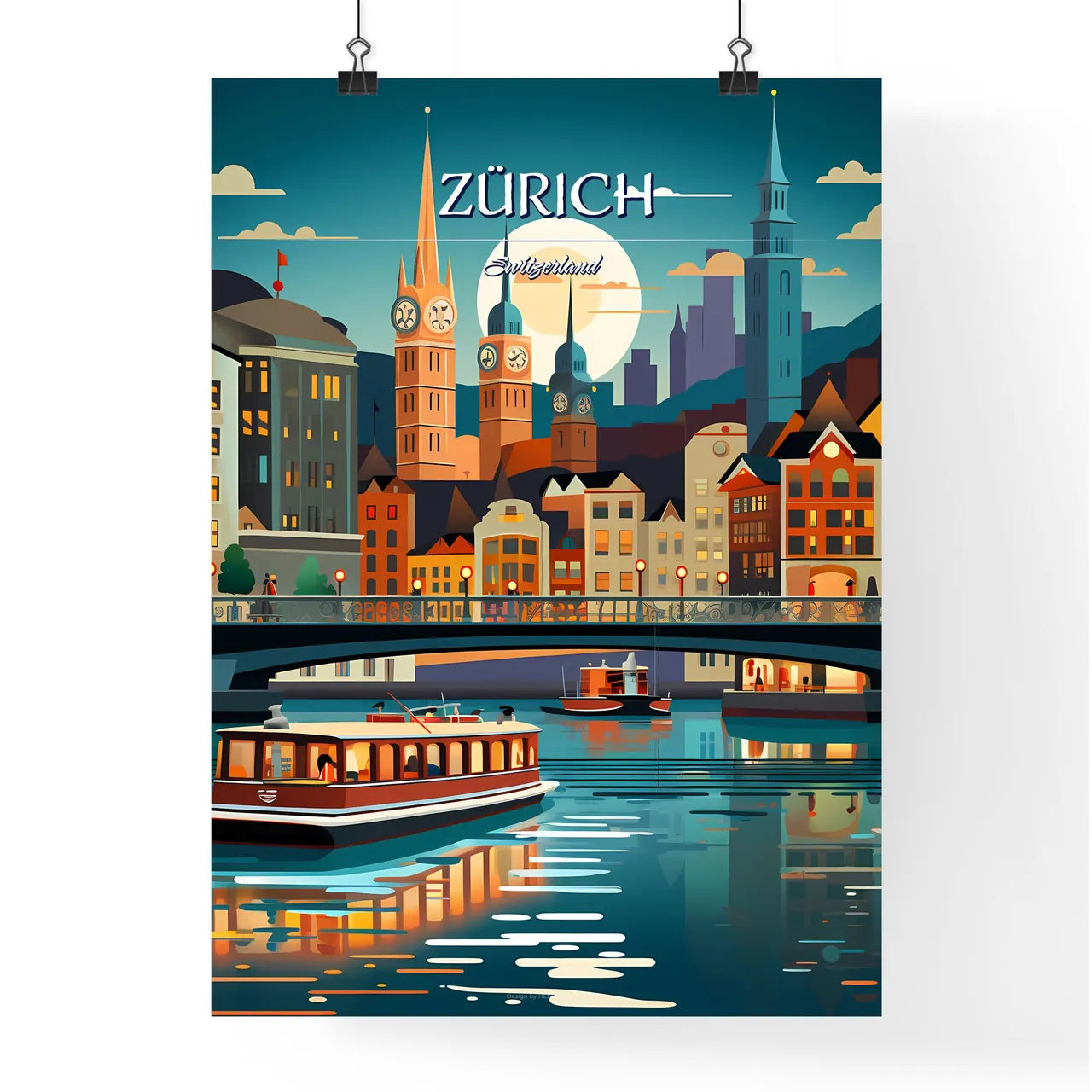 Zürich, Switzerland, - Art print of a city with boats on water Poster