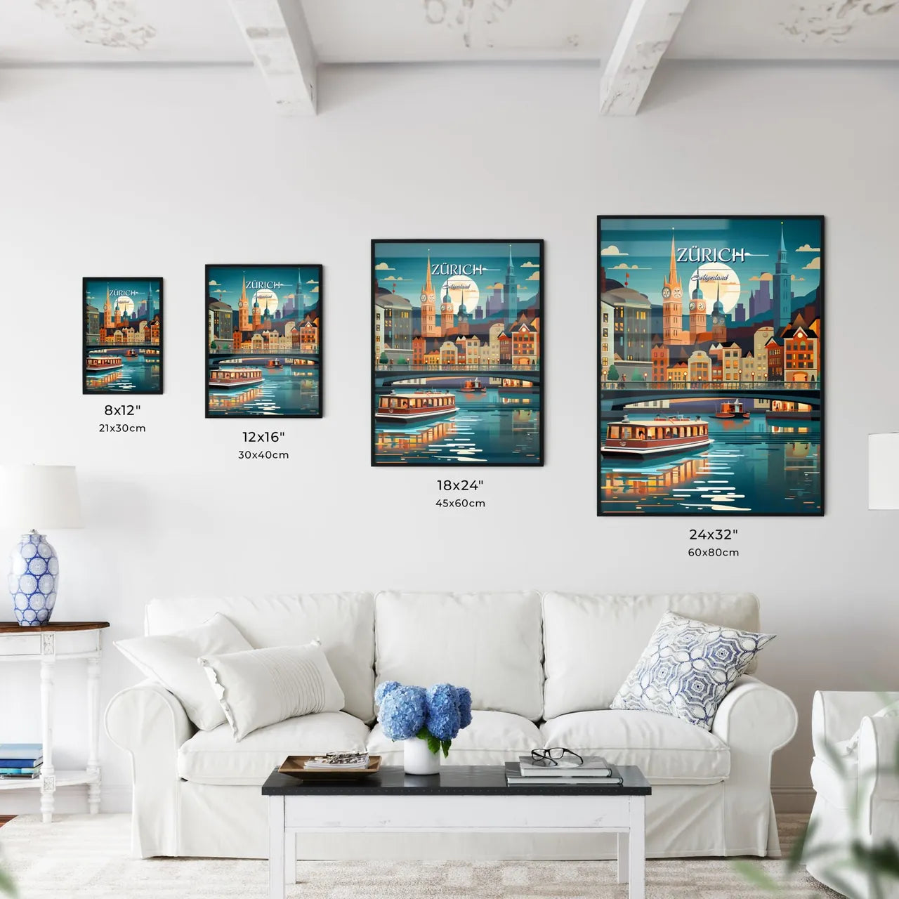 Zürich, Switzerland, - Art print of a city with boats on water Size Chart