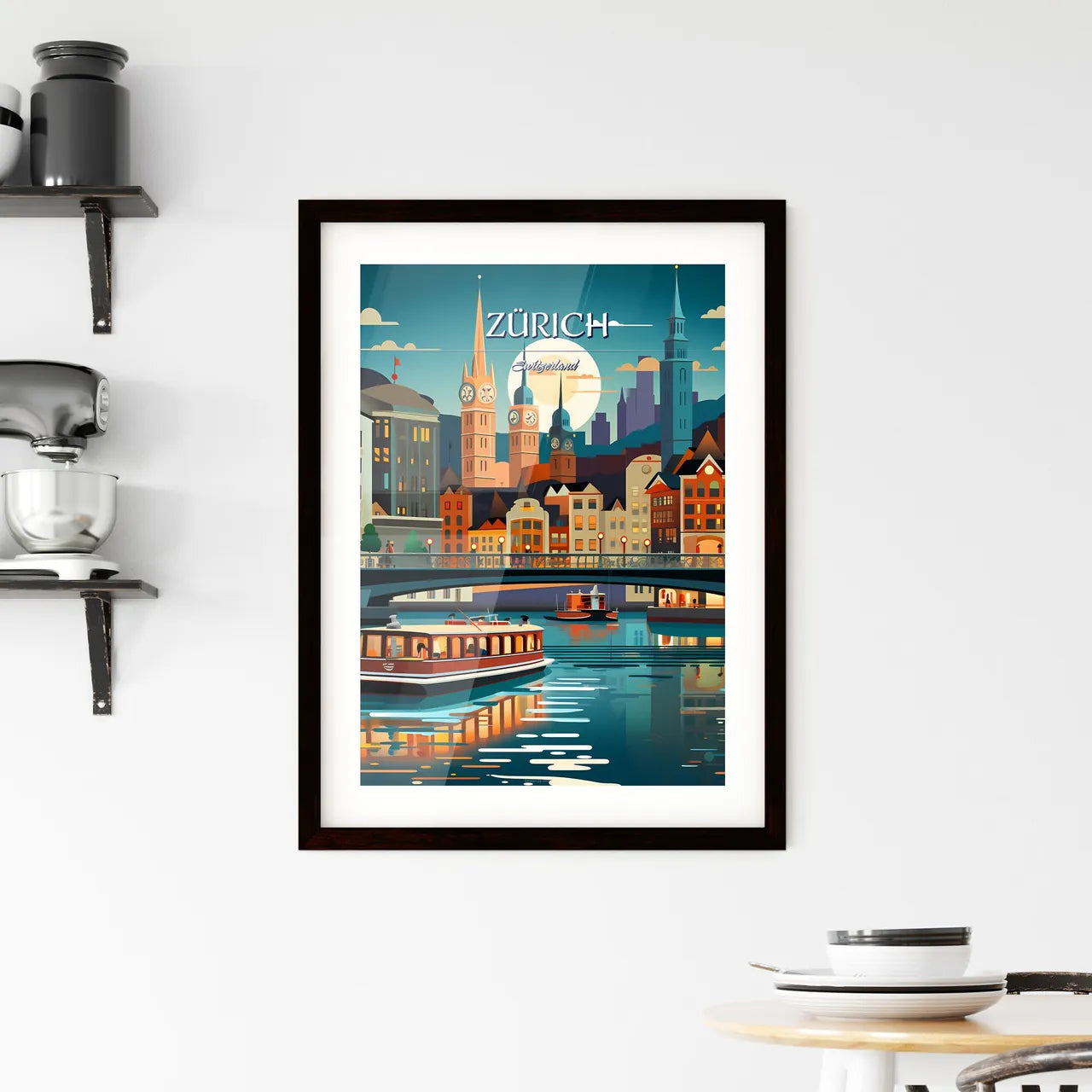 Zürich, Switzerland, - Art print of a city with boats on water Custom Print