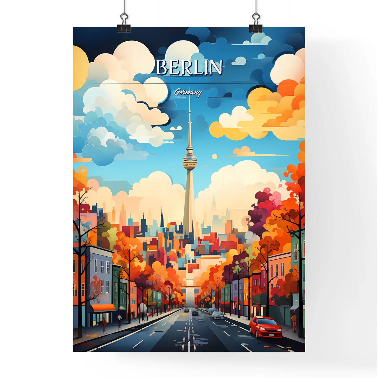 Berlin, germany - Art print of a city street with cars and a tower Poster