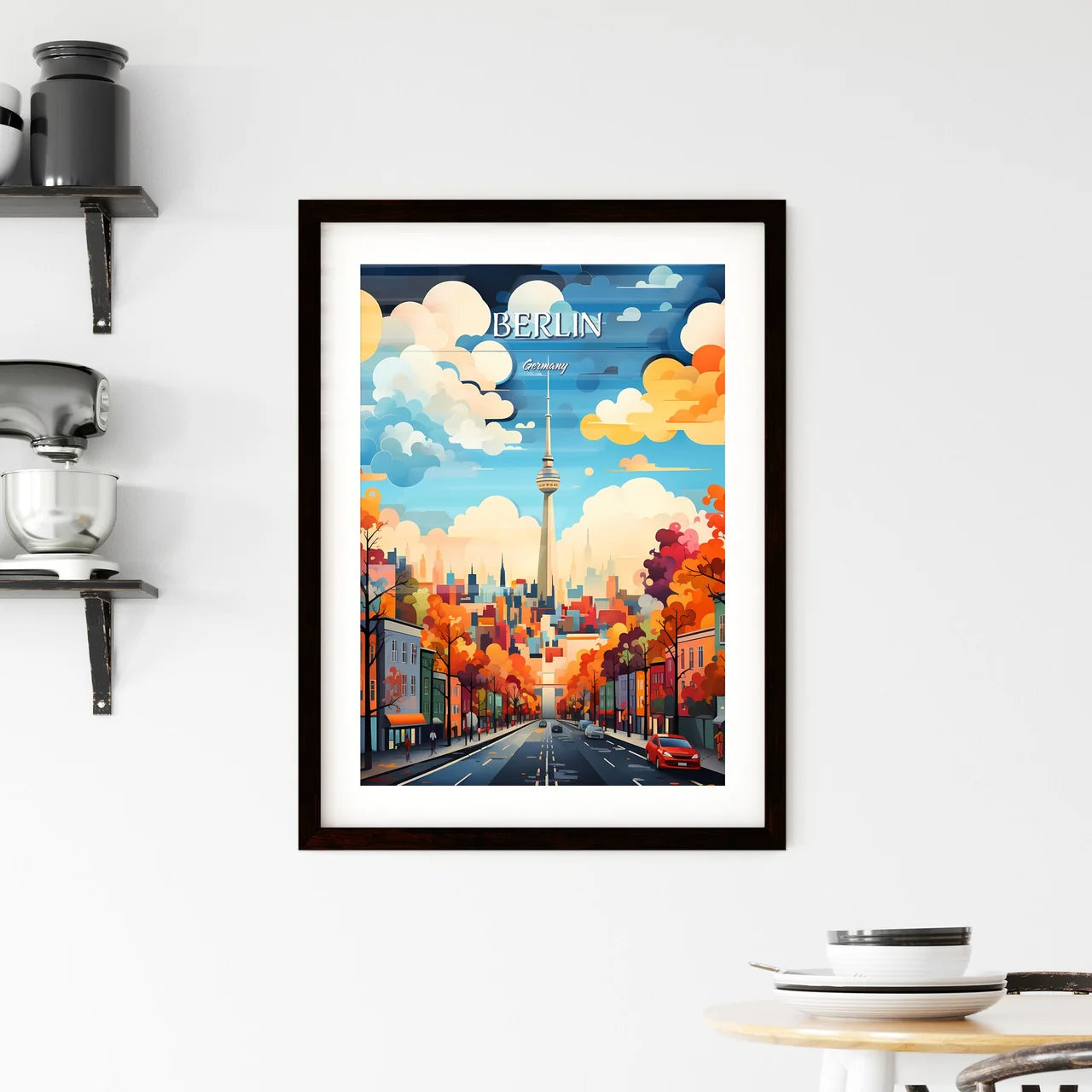 Berlin, germany - Art print of a city street with cars and a tower Custom Print