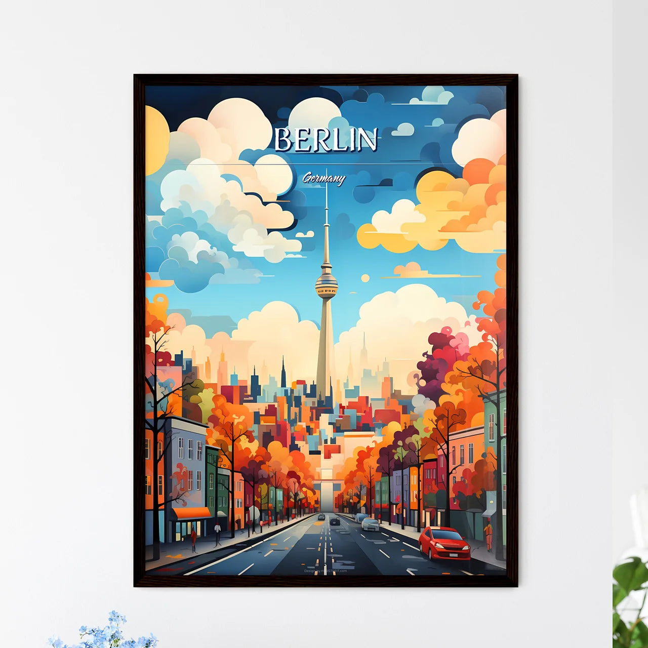 Berlin, germany - Art print of a city street with cars and a tower Framed Art