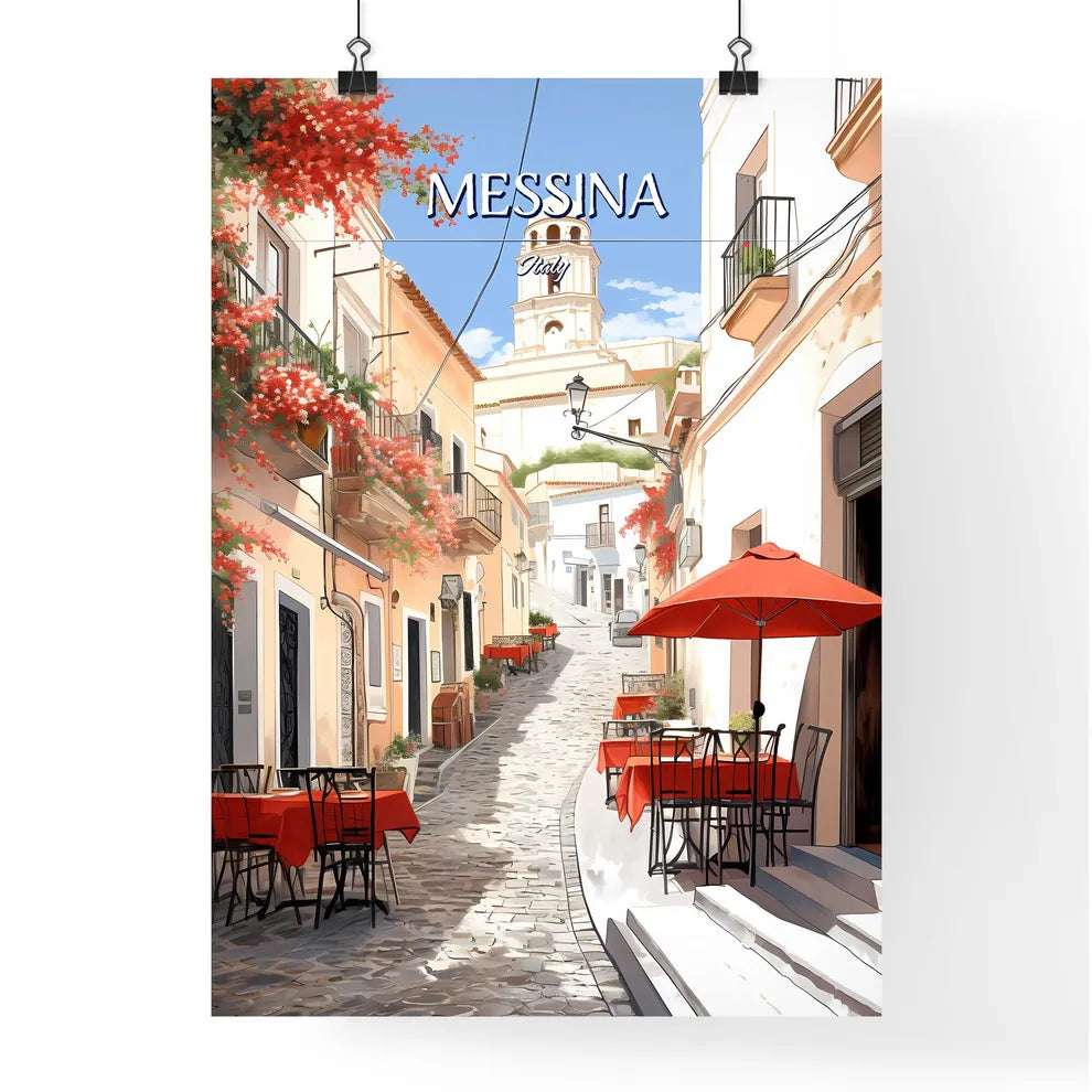 Messina, Italy - Art print of a street with tables and chairs and red umbrellas Poster